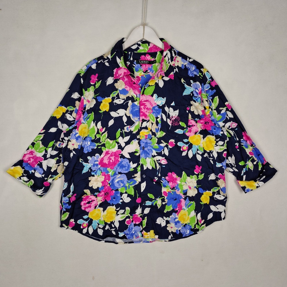 Lauren Ralph Lauren Floral Cotton Button Down Shirt Navy Pink XL